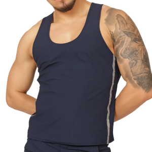 Navy blue sleeveless tank top with gray side stripes by gigo club made from breathable fabric for active wear
