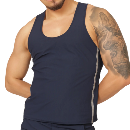 Navy blue sleeveless tank top with gray side stripes by gigo club made from breathable fabric for active wear