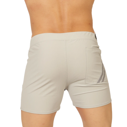 Beige gigo club gray short athletic shorts with sleek form-fitting design and subtle gray side stripes