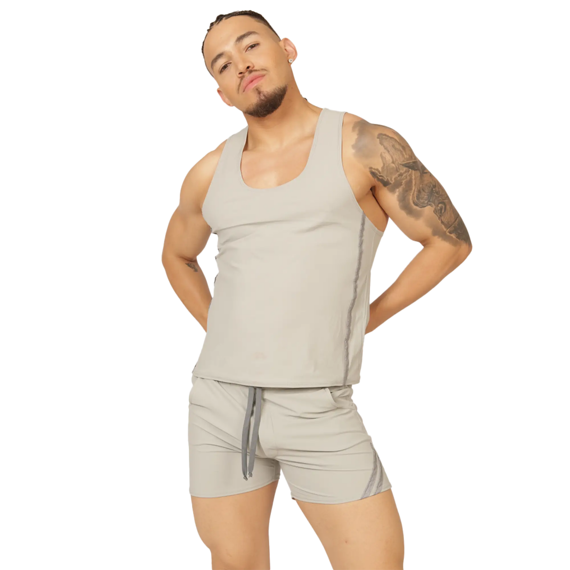 A man wearing a gigo club gray tank sleeveless light gray tank top with subtle side seams