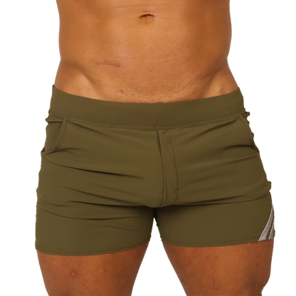 Olive green gigo club athletic shorts with snug fit and subtle white side stripes for active wear
