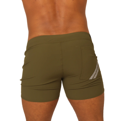 Olive green gigo club athletic shorts featuring a subtle white diagonal stripe on the side pocket for casual wear