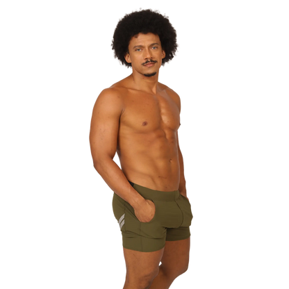 Olive green gigo club athletic shorts with white side stripes designed for comfortable active wear