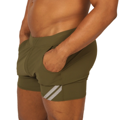 Olive green gigo club athletic shorts with white diagonal side stripes designed for active wear