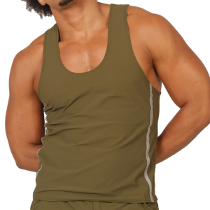 Olive green gigo club athletic tank top with white side stripes designed for active wear