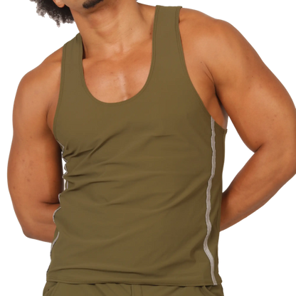 Olive green gigo club athletic tank top with white side stripes designed for active wear