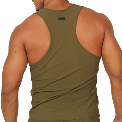 Gigo Club green tank olive green racerback tank top with sleek form-fitting design and black brand tag at neckline
