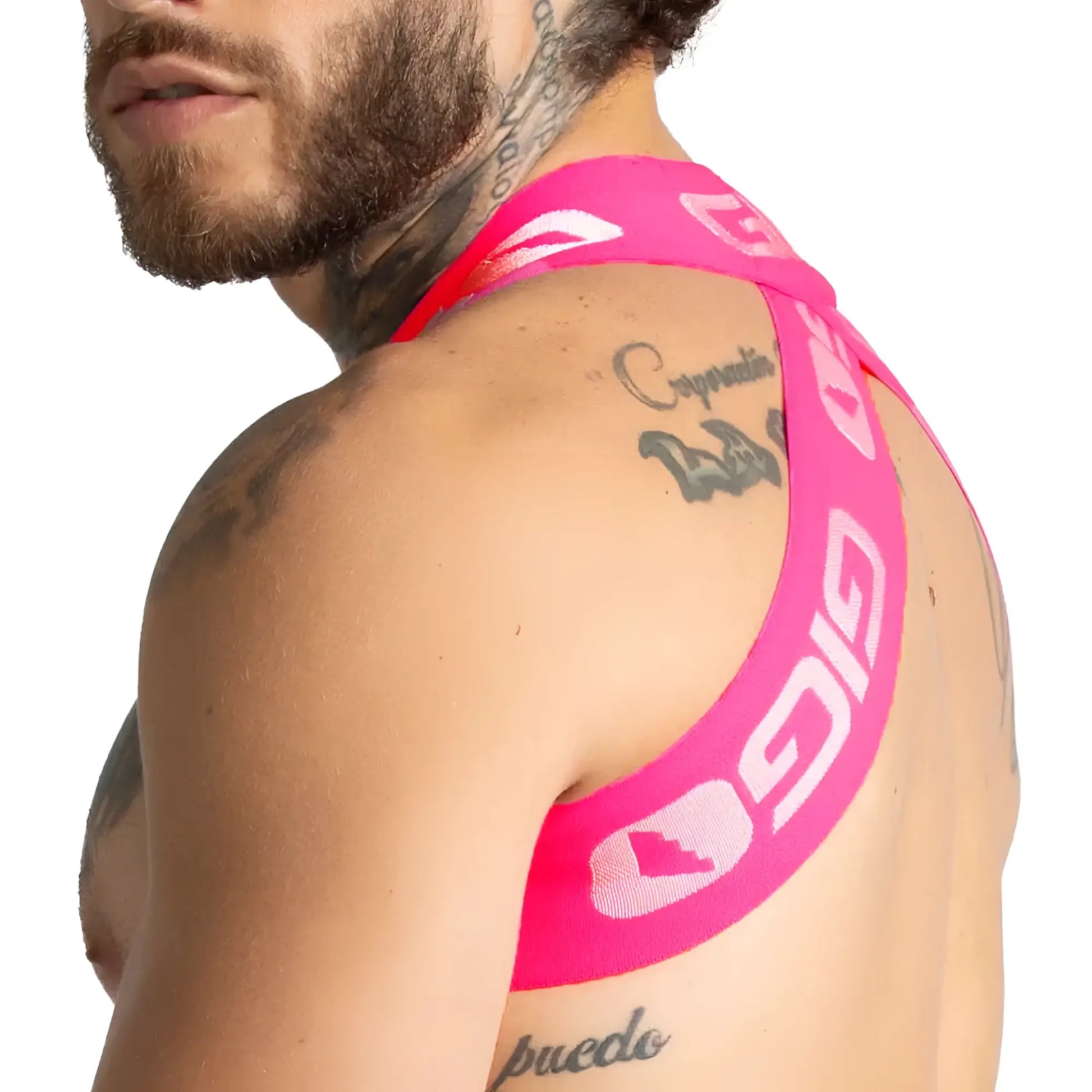 Bright pink athletic support band with white logo and text from gigo colors fucshia harness collection