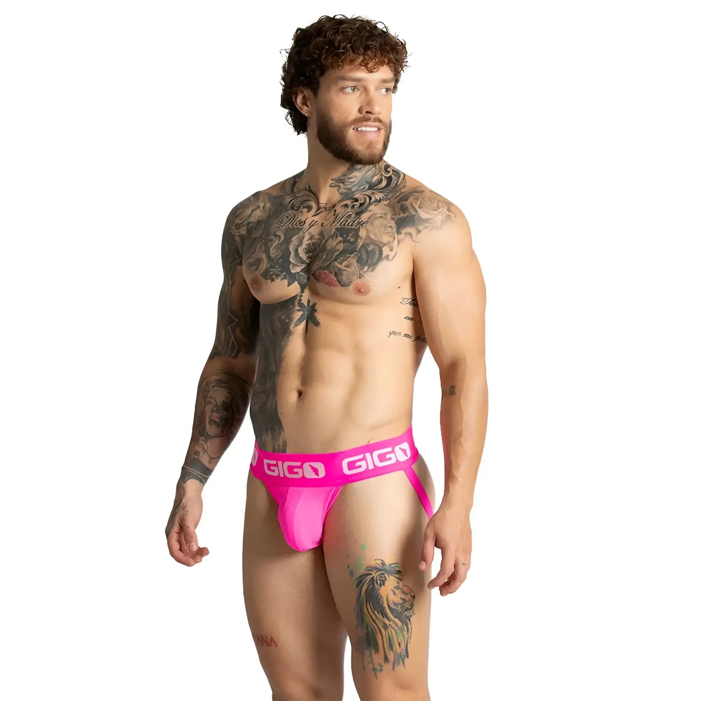 Bright pink gigo colors fuchsia jockstrap with bold white logo band designed for comfortable support