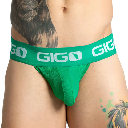 Green gigo brand jockstrap with white logo and textured fabric from the gigo colors green brief collection