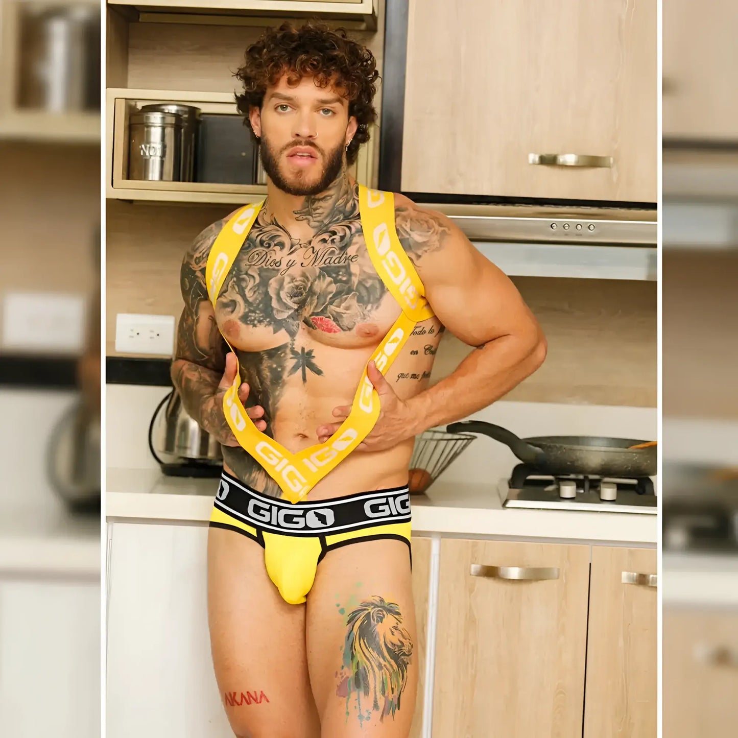 Yellow gigo harness colors set with briefs featuring black trim and matching yellow harness style top for stylish comfort