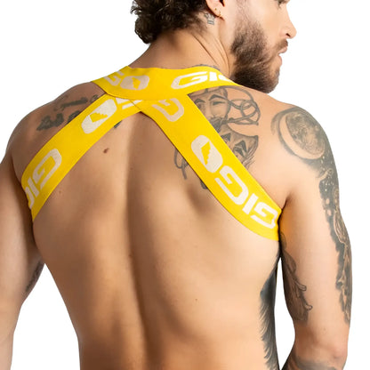 Bright yellow gigo colors harness with cross-back strap visible from the back side made for secure fit