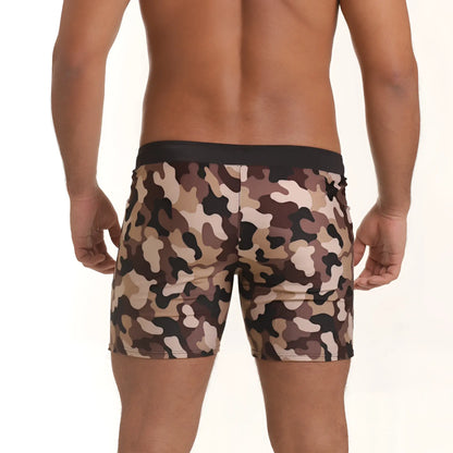 Menâ€™s camouflage pattern briefs with black waistband in gigo combat brown beachwear for casual wear