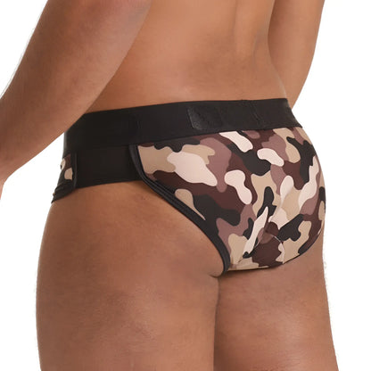 Gigo combat brown brief featuring brown and beige camouflage pattern with black elastic waistband in front view