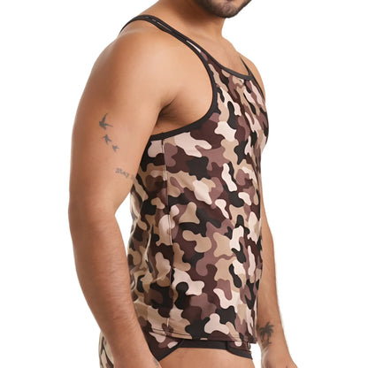 A menâ€™s gigo combat brown tank camouflage tank top with black trim and brown beige dark gray splotches pattern