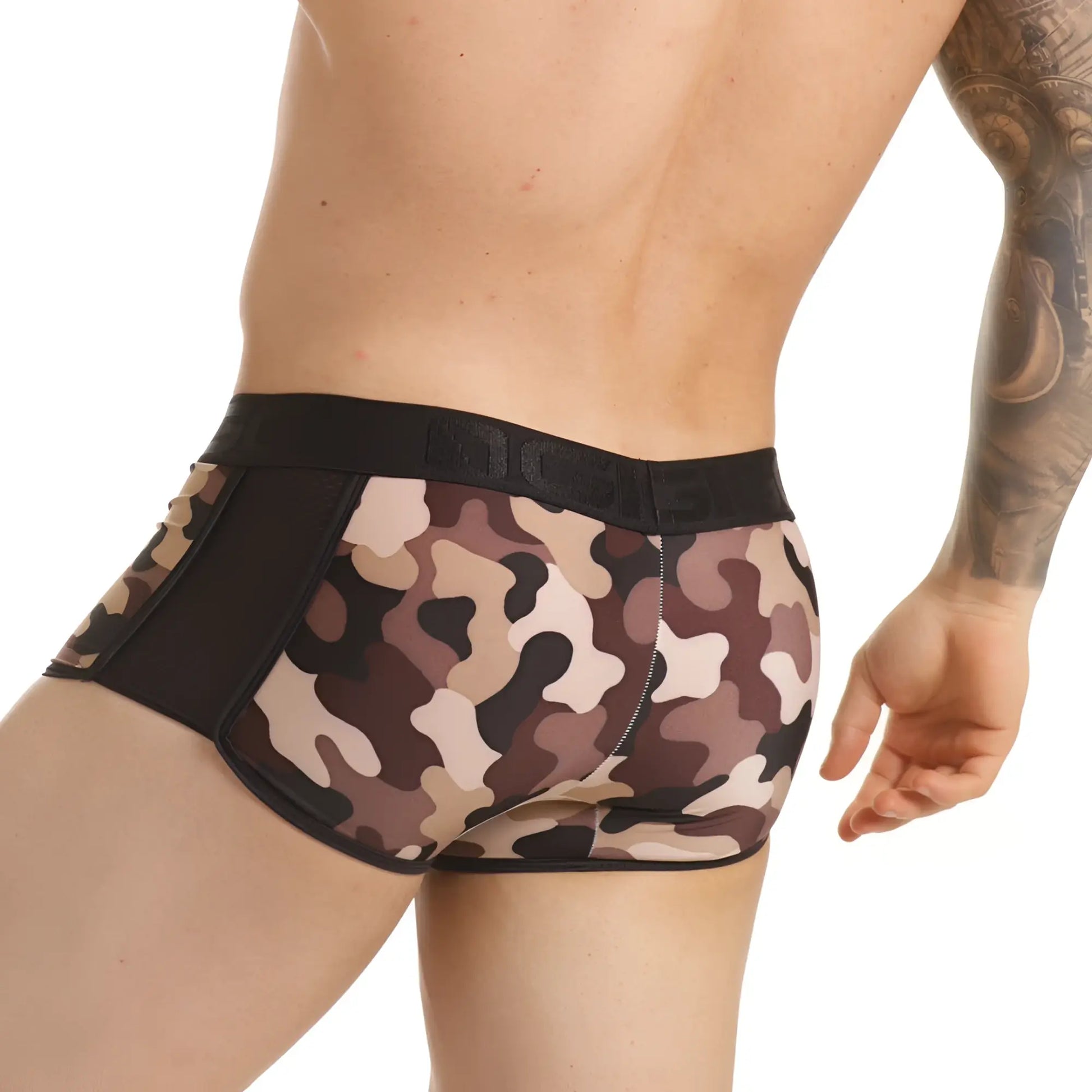 Brown and beige camouflage pattern gigo combat brown trunk briefs with black elastic waistband