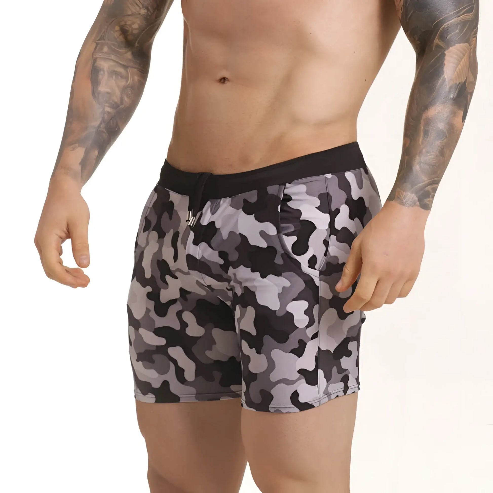 Gigo combat gray beachwear black and gray camouflage swim trunks with solid black waistband for beach use