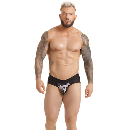 Gigo combat gray brief jockstrap with black and white camouflage pattern showing front view