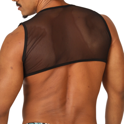 Black sheer mesh tank top with black trim from gigo comics vest harness showing front side details