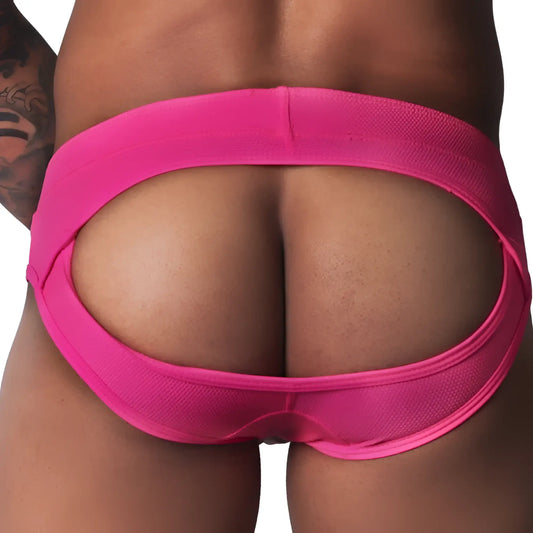 Fuchsia-colored jockstrap made of textured fabric, featuring a wide, open-back cutout design.