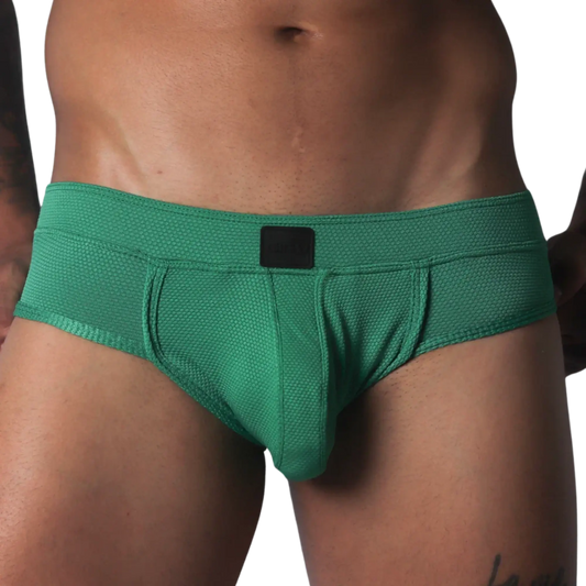 Green textured briefs with a supportive contour pouch, low-rise waistband, and small black logo patch.