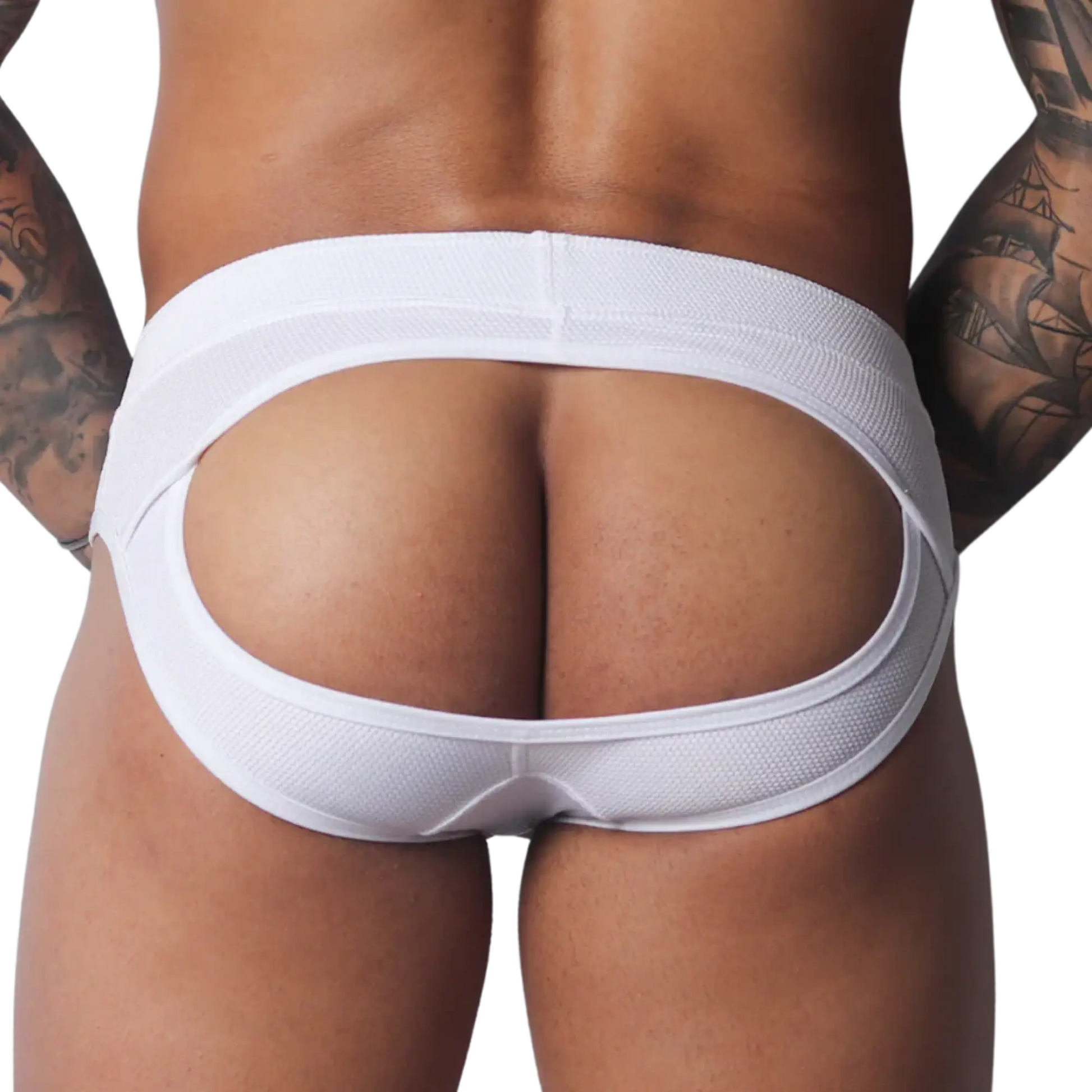 White jockstrap with an open-back design, crafted from a textured, breathable mesh fabric.