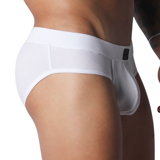 White athletic-style briefs made from textured, breathable mesh fabric with a thick waistband and contoured pouch.