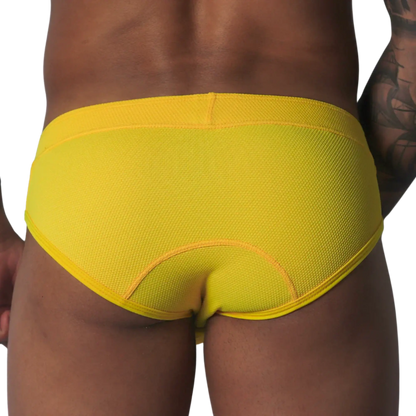 Bright yellow, textured mesh brief with curved seam detailing on the back, shown from behind.