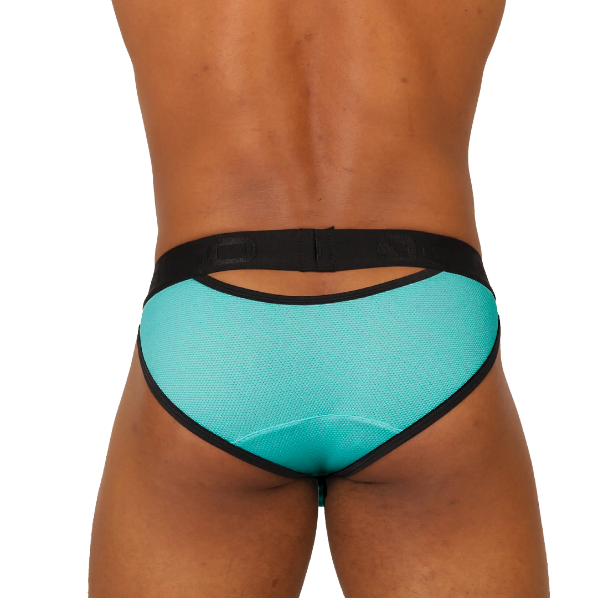 Back view of gigo cool blue brief turquoise mesh briefs with black trim and central cutout for ventilation and style
