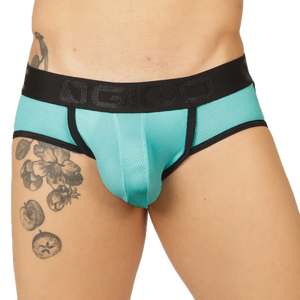 Turquoise mesh briefs with black elastic waistband featuring ngio logo from gigo cool blue jock thong collection