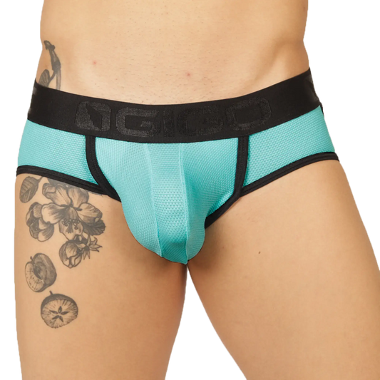 Turquoise mesh briefs with black elastic waistband featuring ngio logo from gigo cool blue jock thong collection