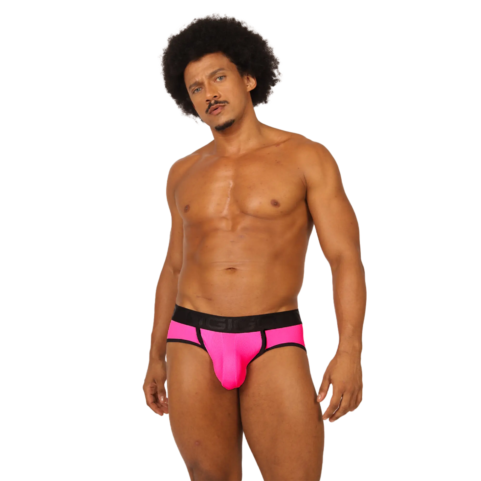 Vibrant pink gigo cool fuchsia jock thong athletic briefs with black waistband and trim for sporty use