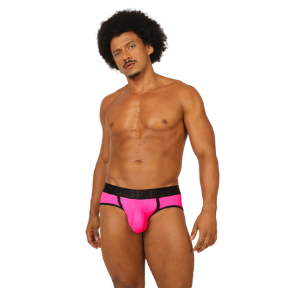 Vibrant pink gigo cool fuchsia jock thong athletic briefs with black waistband and trim for sporty use