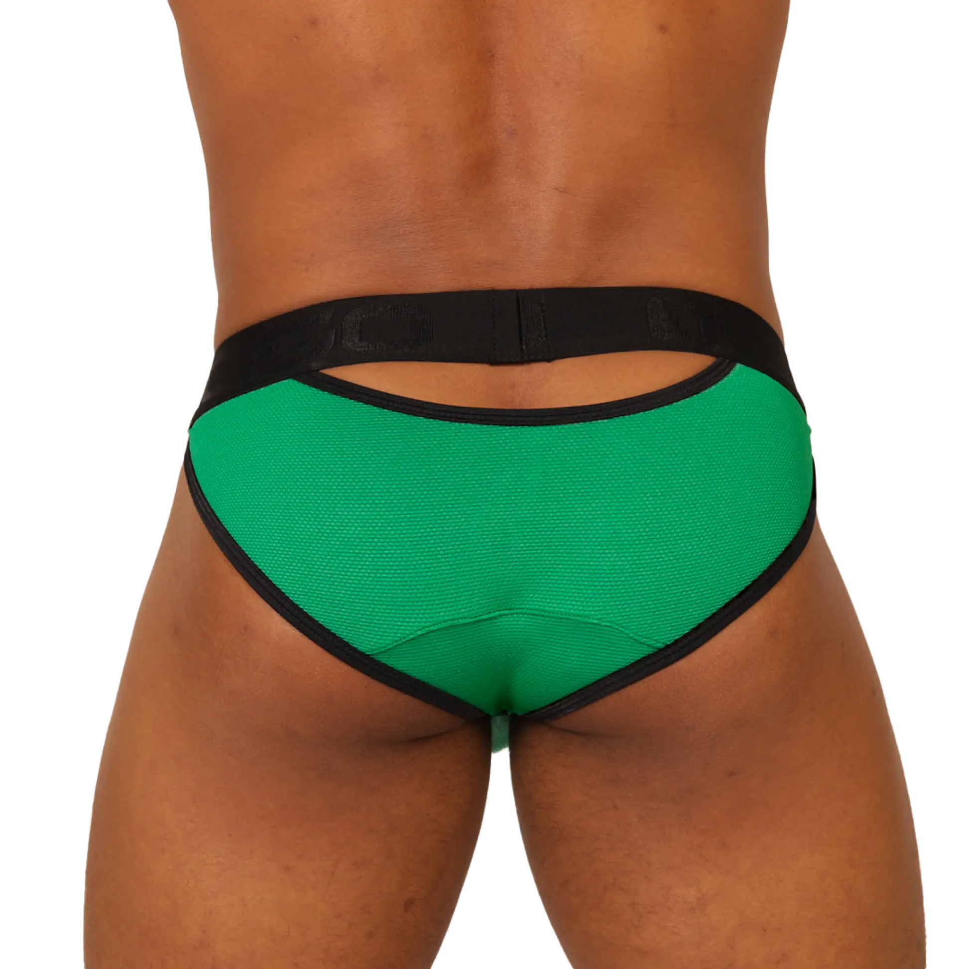 Back view of gigo cool green brief athletic briefs in green and black textured fabric with cutout design