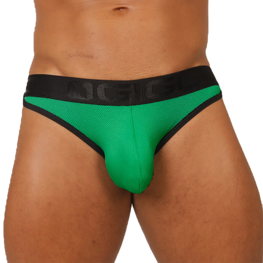 Vibrant green mesh briefs with black trim and a branded waistband gigo cool green brief