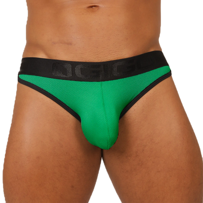 Vibrant green mesh briefs with black trim and a branded waistband gigo cool green brief