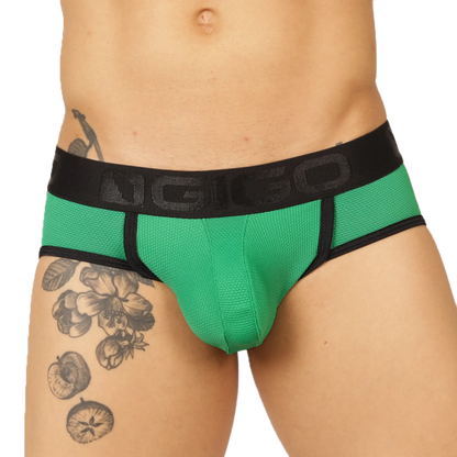 Green and black textured fabric athletic briefs with ngigo waistband from gigo cool green jock thong collection