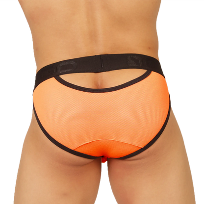 Orange mesh briefs with black elastic trim and a back cutout shown from the back for gigo cool orange brief