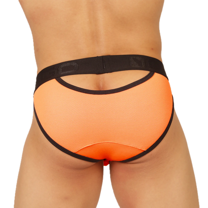 Orange mesh briefs with black elastic trim and a back cutout shown from the back for gigo cool orange brief