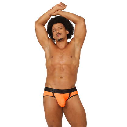 Bright orange gigo cool athletic jock thong with black waistband and trim designed for active wear