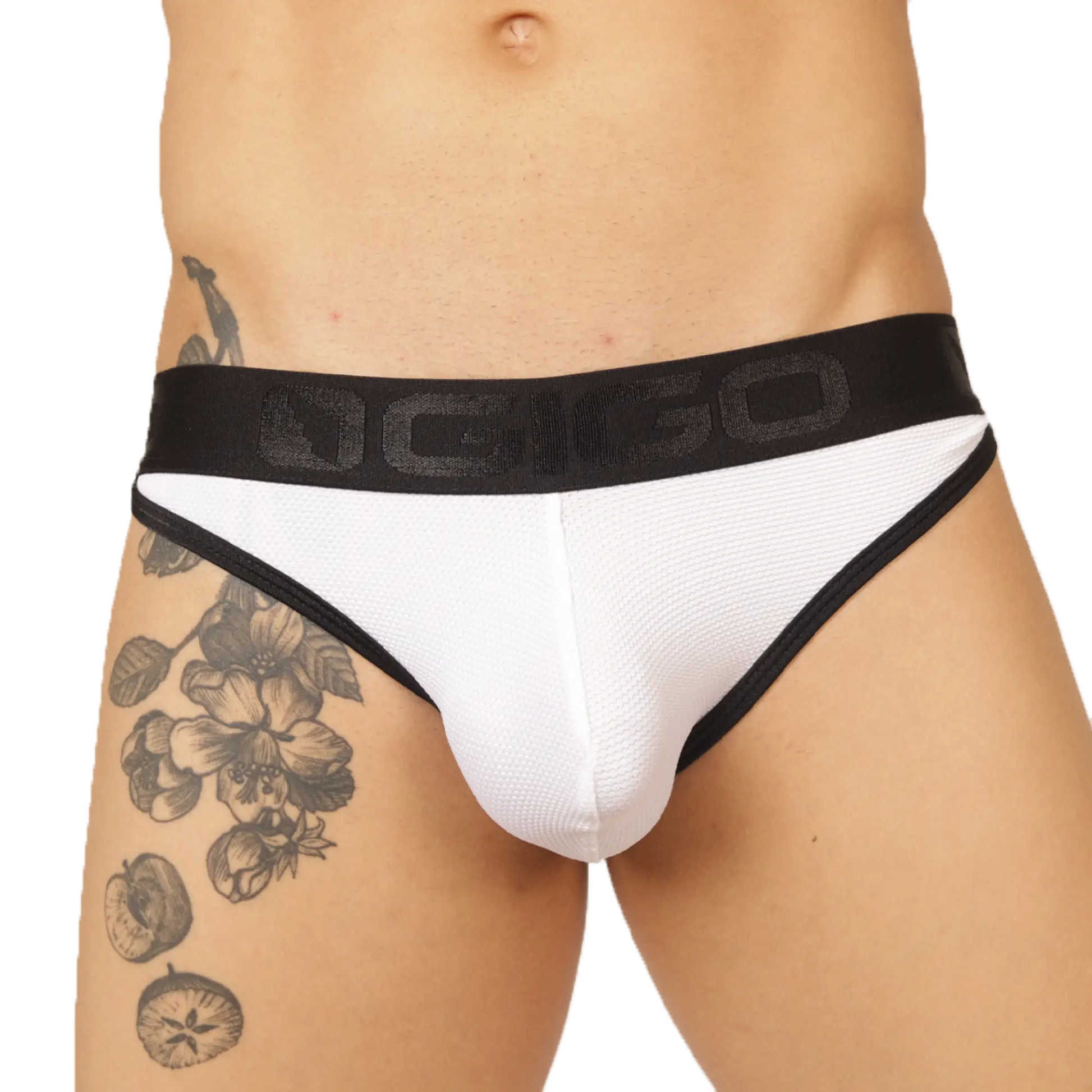 Gigo Cool White Brief white and black athletic briefs with textured fabric and black waistband with dgio logo