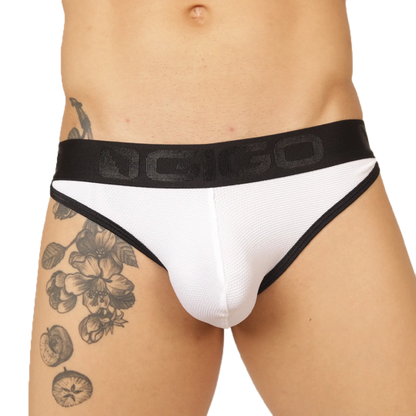 Gigo Cool White Brief white and black athletic briefs with textured fabric and black waistband with dgio logo