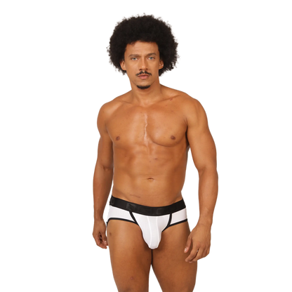 Gigo cool white jock thong in white and black athletic briefs with supportive contoured design front view