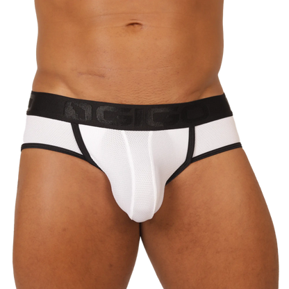 Gigo cool white jock thong in white and black with textured front panel and branded elastic waistband for athletic use