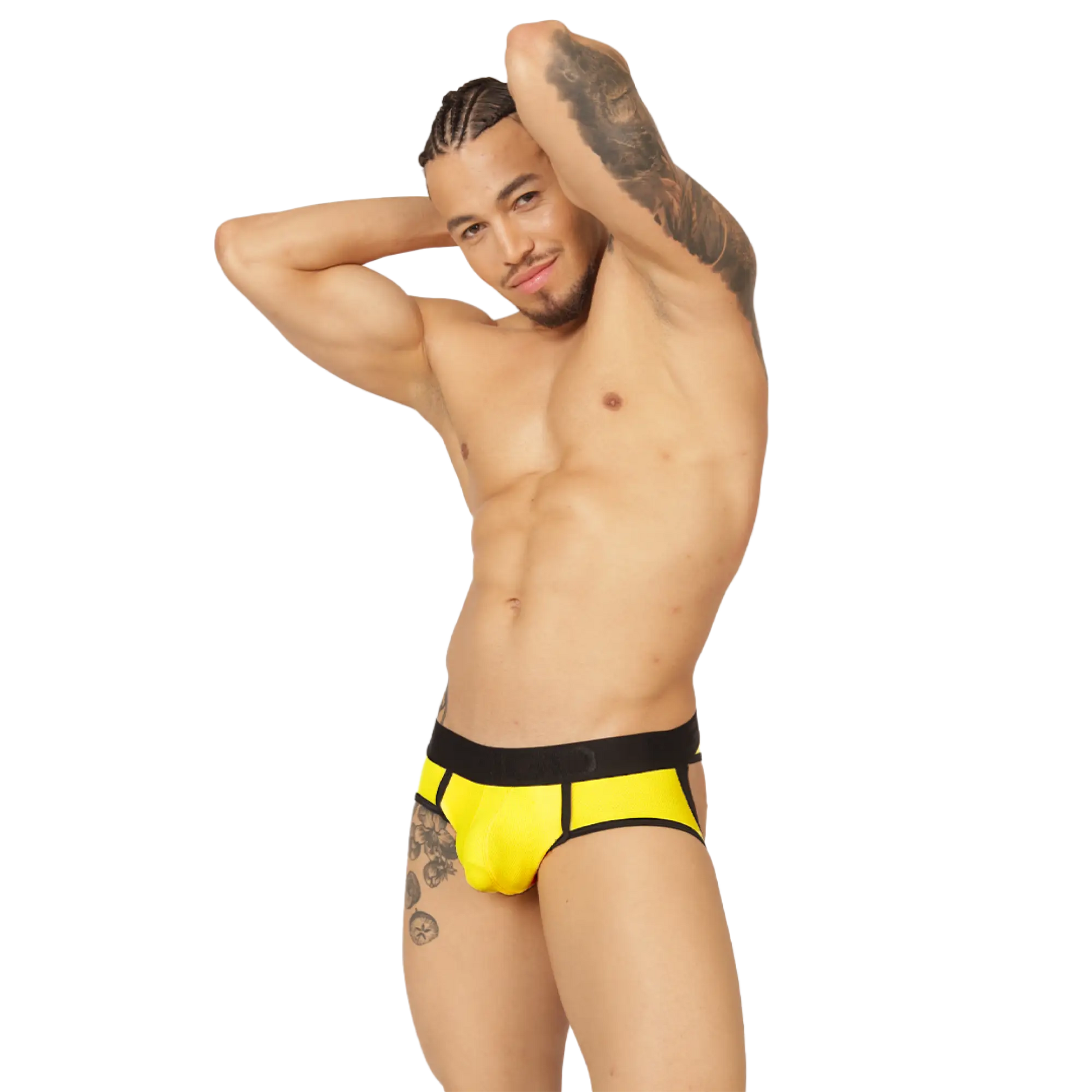 Bright yellow gigo cool jock thong briefs with black waistband and trim designed for comfortable support