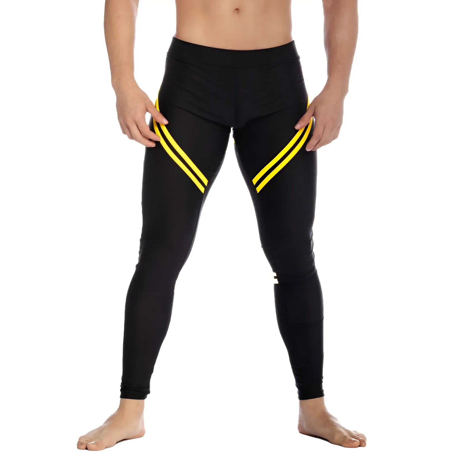 Black gigo core leggings with bold yellow diagonal stripes on outer thighs for athletic performance