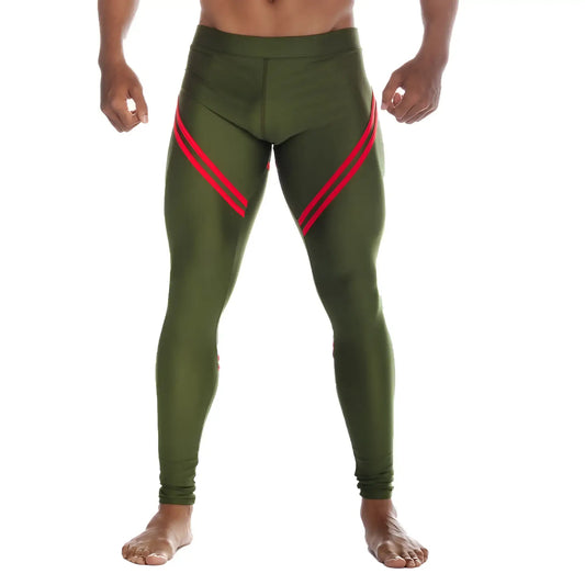 Gigo core green leggings in olive with bold red diagonal stripes on outer thighs for athletic wear
