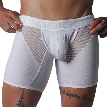 White Gigo trunk in ribbed material with sheer mesh side panels and a branded elastic waistband.
