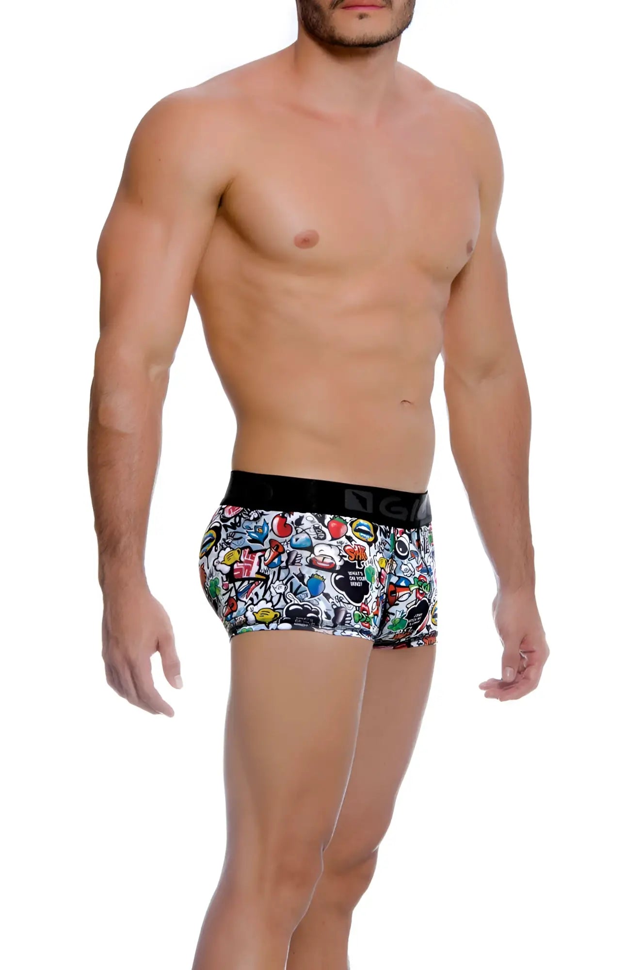 Black waistband men’s boxer briefs with vibrant multicolored graffiti print gigo CRAZY short boxer underwear size M