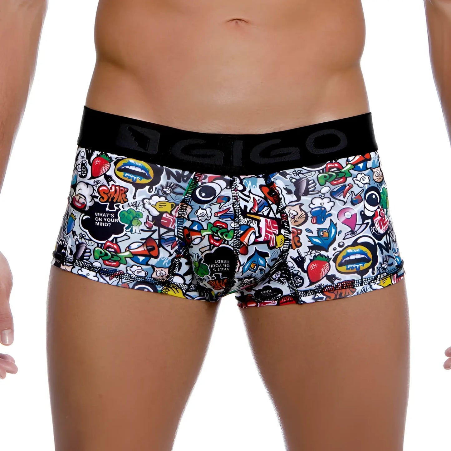 Vibrant graffiti style printed gigo crazy short boxer underwear with black elastic waistband size m
